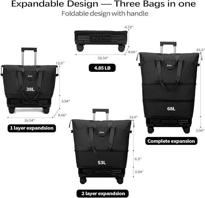 Rolling Duffle Bag with Wheels and Handle, Expandable Foldable Travel Bag - Wheeled Carry On Luggage, Collapsible Suitcase for Weekend Trips, Gym, Large Capacity & Waterproof (Black)