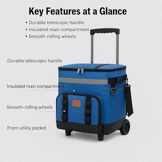 Insulated Rolling Cooler with Wheels - Soft Leak Proof Ice Chest for Camping, Travel and Lunch - Portable Wheeled Advanced Insulation