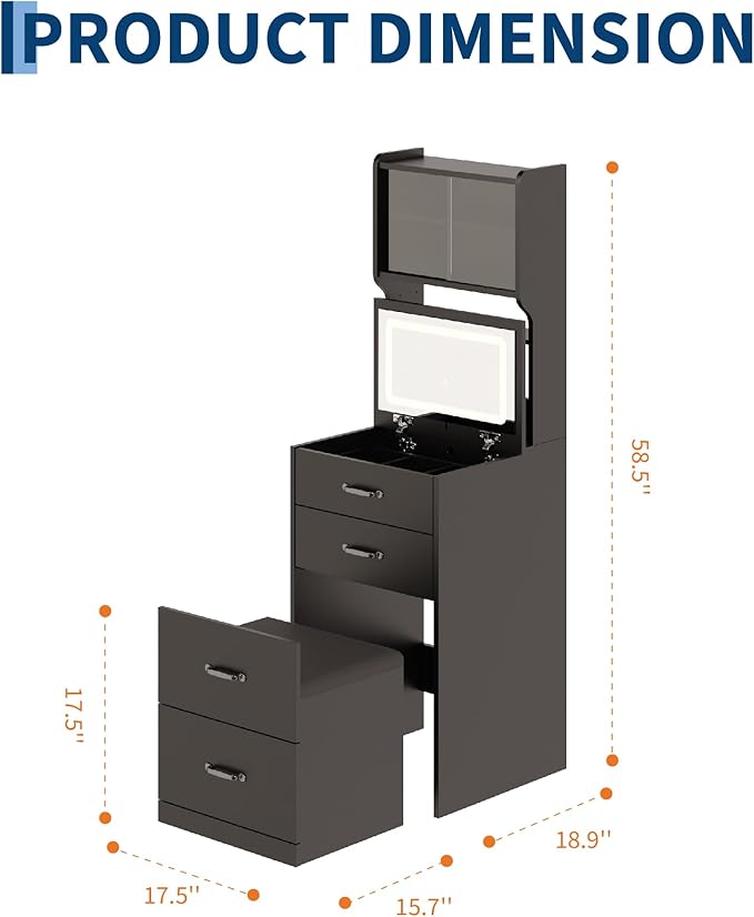 Garvee 3 in 1 Vanity Desk with 3 Color LED, Compact Makeup Vanity Set with 2 AC Outlets & USB, Dressing Table with Drawers & Acrylic Doors, Nightstand Vanity Mirror, Jewelry Box, Hidden Chair, Black