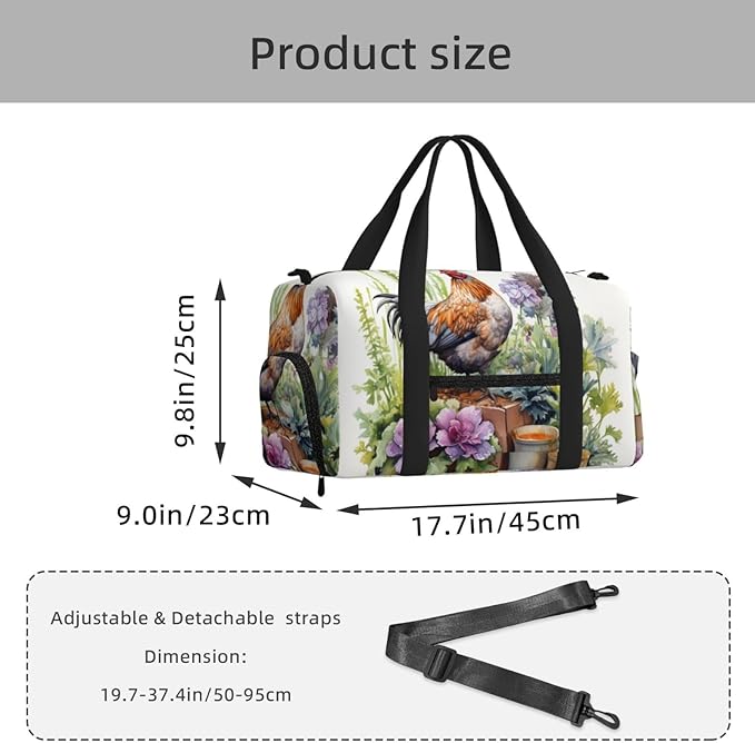 Sports Gym Bag Watercolor Hen Chicks Floral Travel Duffel Bag With Shoe Compartment Shoulder Strap, Lightweight Water-Resistant Weekend Overnight Totes For Women Men