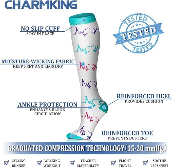 CHARMKING 6 Pairs-Compression Socks for Women & Men Circulation Best Support for Nurses, Running, Athletic,Flight Travel