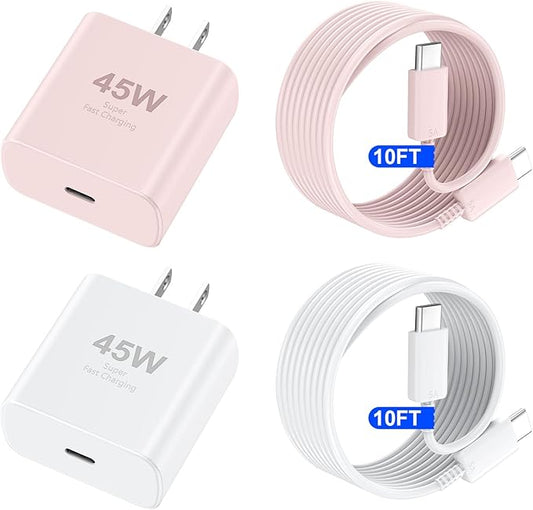 Phone 17 16 Pro Max Charger Fast Charging, 45W USB C Phone 17 16 Super Fast Charger Block with 10ft Long Type C Charging Cable Cord for i.Phone 17 Pro Max/17 Pro/17 Air/17/16/16Pro/ProMax-White+Pink