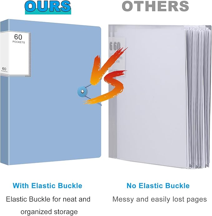 Art Portfolio Folder with 60 Pockets, 120 Pages Display Book, Clear Plastic Sleeves, Blue Presentation Binder for Kids & Artists Artwork