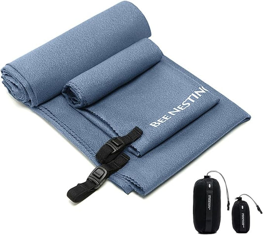 Bee Nesting Ultralight Quick Dry Towels in XLarge & Small Sizes with Compact Packable Pocket Microfiber Towel for Backpacking Travel Beach Hiking Swimming Sports & Yoga (Navy Blue 2 Set)