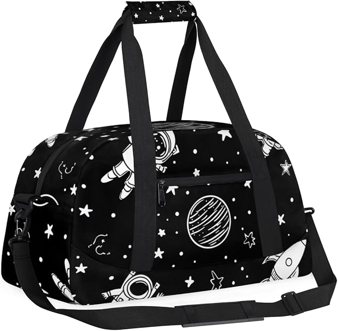 Cartoon Space Gym Travel Duffle Bag for Women & Men with Front Zipper Pocket for Sports, Overnight, Weekender, Carry On,Workout & Dance Bag,Black,18.9 * 8.7 * 10.6 in