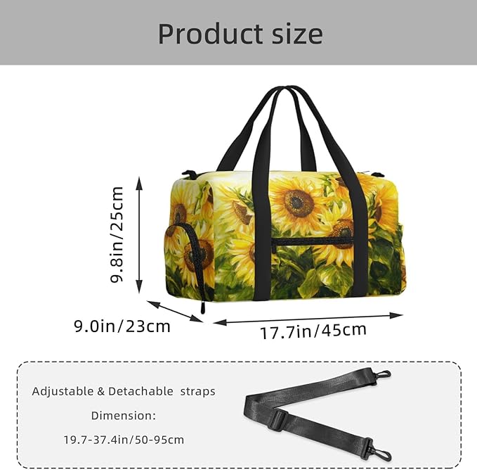 Sports Gym Bag Sunflowers Oil Painting Travel Duffel Bag With Shoe Compartment Shoulder Strap, Lightweight Water-Resistant Weekend Overnight Totes For Women Men