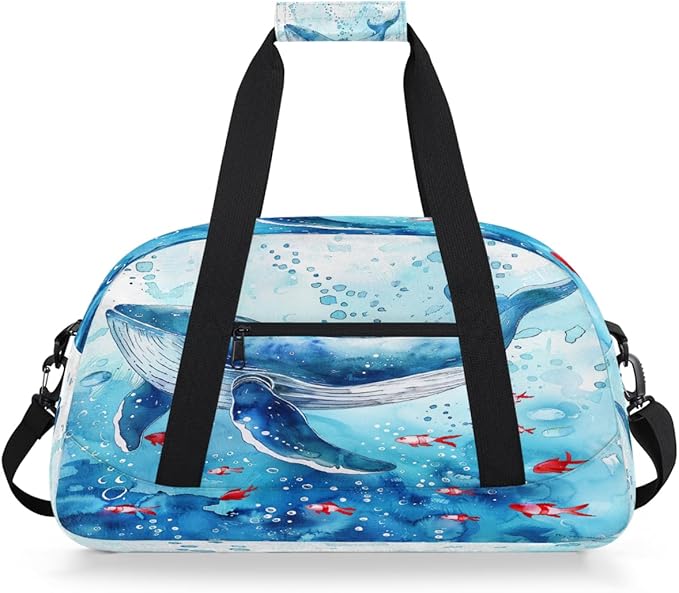 Travel Duffle Bag, Blue Whale Watercolor Waterproof Weekender Overnight Bags for Women Men Lightweight Carry on Duffle Gym Bag for Travel, Sports, Fitness, Workout