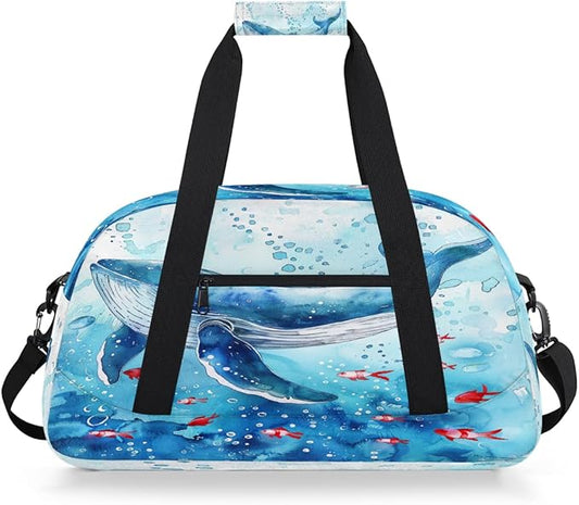 Travel Duffle Bag, Blue Whale Watercolor Waterproof Weekender Overnight Bags for Women Men Lightweight Carry on Duffle Gym Bag for Travel, Sports, Fitness, Workout