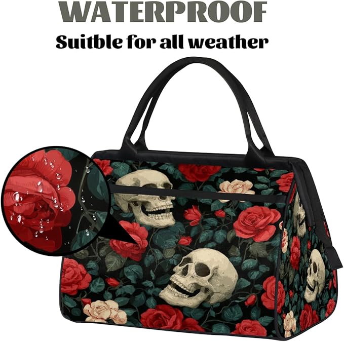 Travel Duffel Bag, Skull Rose Dark Pattern Waterproof Sports Gym Duffle Bag, Large Capacity Weekender Carry On Overnight Bags for Women Men
