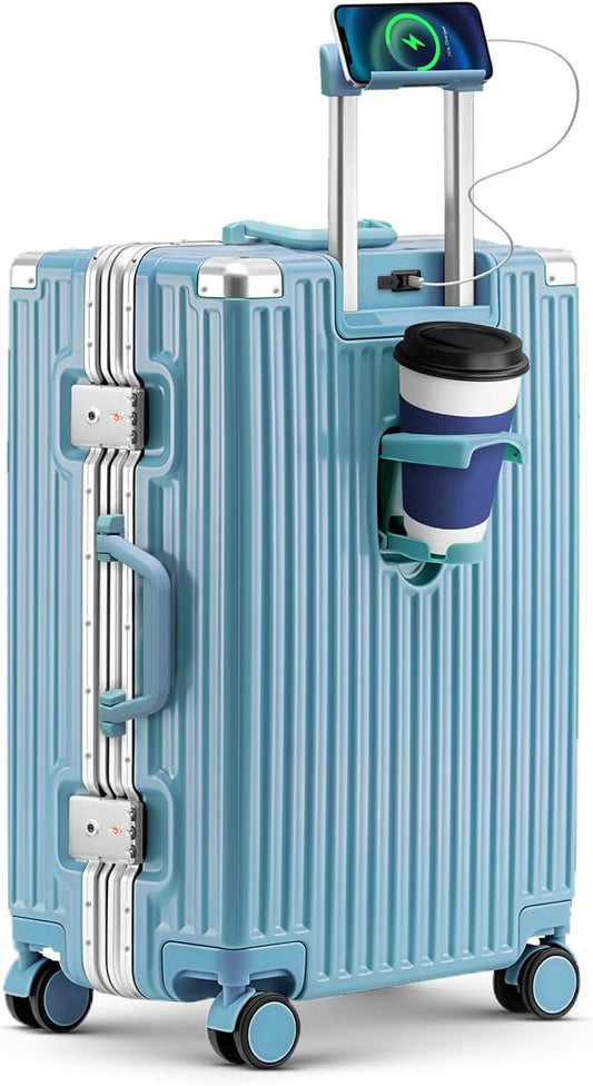20 Inch Carry On Suitcase, Aluminum Frame Zipperless Hard Shell Luggage with Spinner Wheels, TSA Lock, USB Charging Port, Phone Holder, Cup Holder for Business Travel and Trips, Blue
