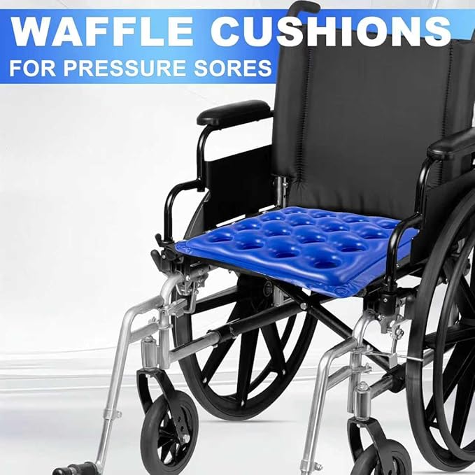 2-Pack Waffle Inflatable Seat Cushions with Pump, 18 Inch Beige 16-Hole Air Cushion for Pressure Relief, Wheelchair, Office Chair, Car Seat & Travel (Blue&Beige)