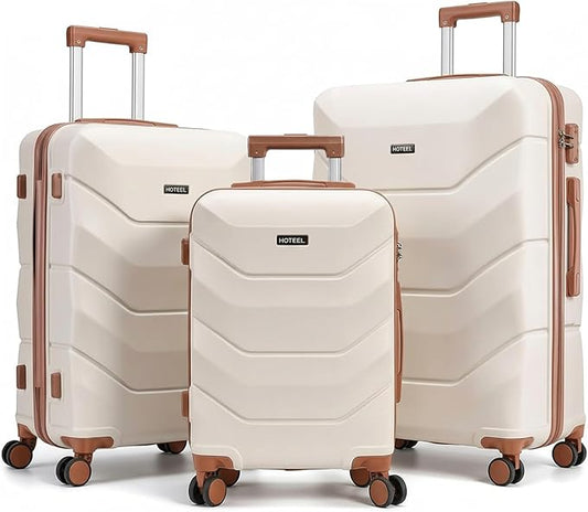 Hoteel Luggage Sets 3 Piece with Spinner Wheels TSA Lock (4-YEAR WARRANTY), Durable Carry On Suitcase Luggages, Wet-Dry Separation Compartment, ABS Hardshell for Travel, School, Beige(20/24/28in)