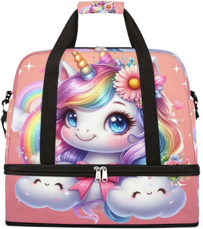 Rainbow Animal Unicorn Pink Large Weekender Bag with Shoe Compartment Travel Duffel Bags for Women Carry On Hospital Overnight Bag Foldable Personal Item Travel Bags Tote Gym Sports Airplanes