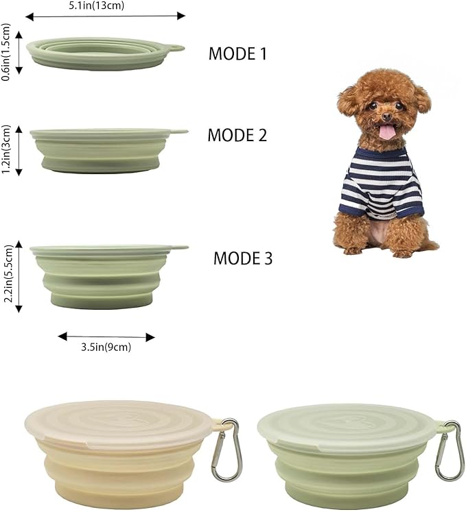 Small Collapsible Dog Bowl 12oz,2 Pack Portable and Foldable Pet Travel Bowls with 2 Carabiners & Lids for Dogs Cats and Small Animals (Macaron Yellow+Green, 350ml)
