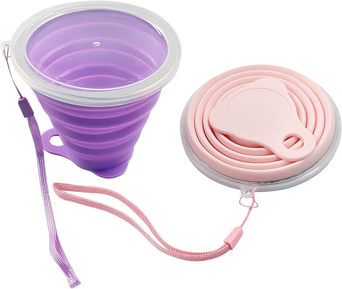 2 Pack Silicone Collapsible Cups for Camping Traveling, Small Portable Foldable Drinking Cup with Lid for Outdoor Hiking (270ml, Pink/Purple)