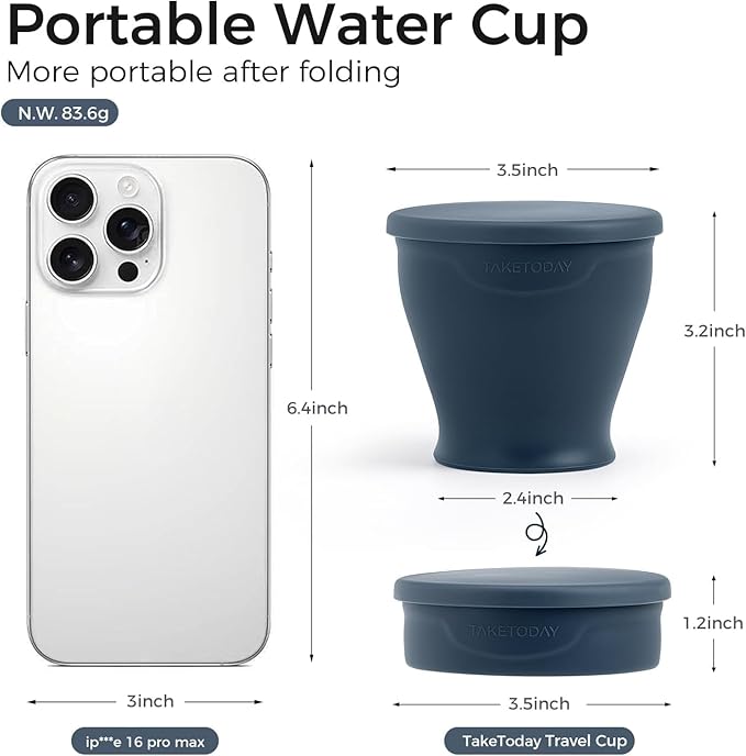 TakeToday Collapsible Travel Cup 8 oz - Silicone Foldable Water Cup, BPA-Free with Lid & Waterproof Bag - Drinking Cup Set for Camping, Outdoors & International Travel（ Charcoal）