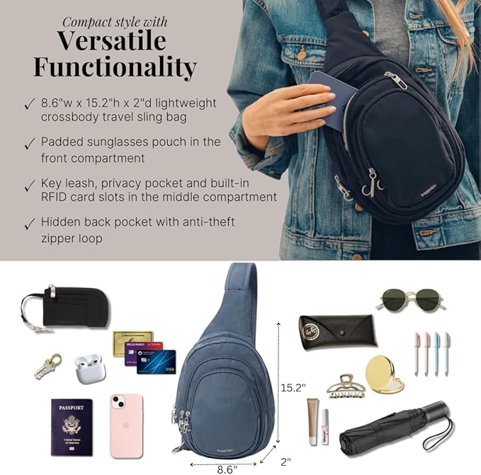 Baggallini Securtex® Anti-Theft Triple Zip Sling 8.6"x15.2" Travel Crossbody Backpack with RFID Wallet Locking Zipper