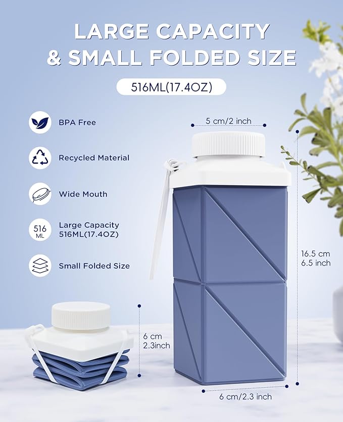 Collapsible Water Bottles 17.4oz(516ML), 2nd Generation Leakproof BPA-Free Travel Water Bottle,Lightweight Reusable Water bottle, Portable for Travel Cycling Camping Sports, DarkBlue,1 Pack