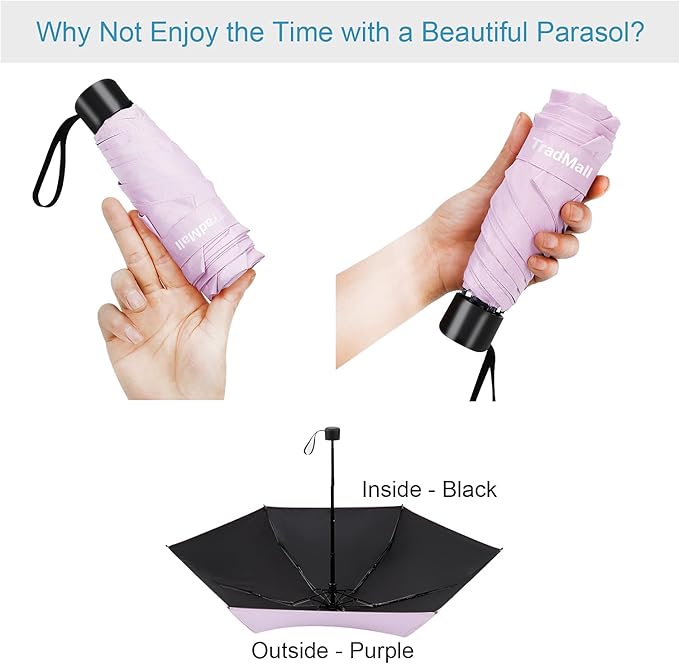 TradMall Mini Travel Umbrella, Portable Lightweight Compact Parasol with 95% UV Protection for Sun & Rain