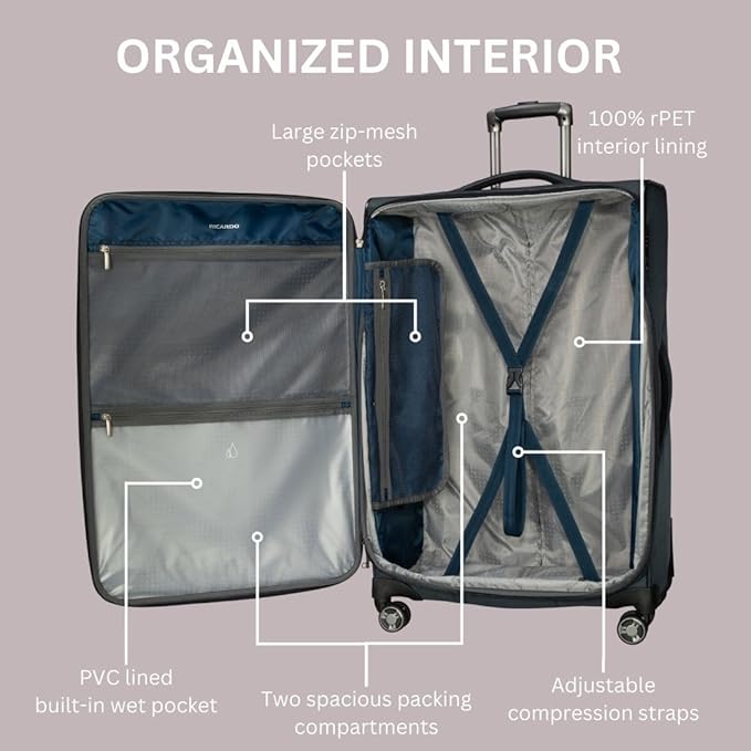 Ricardo Beverly Hills Avalon Softside 2-Piece Luggage Set Made with Sustainable 100% Recycled PET (rPET), Lightweight, Eco-Friendly Travel, Expandable, Dual Spinner Wheels, Juniper Green, (20" & 28")