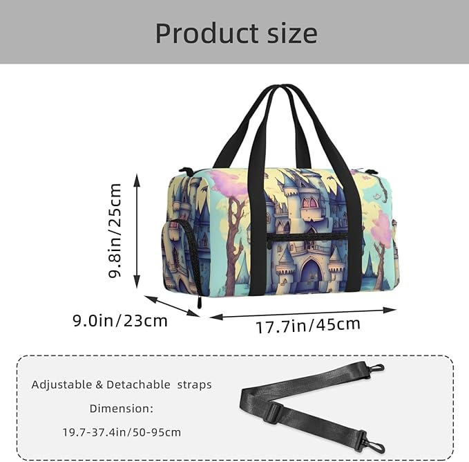Fairytale Castle Print Gym Bag with Shoe Compartment for Women Men, 17.7in Sports Duffle Weekender Tote, Overnight Travel Duffel Bag Carry On
