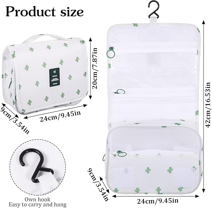 Pengxiaomei Toiletry Bag, Waterproof Hanging Cosmetic Bag Portable Travel Makeup Pouch Multifunction Handle Travel Bathroom Bag Stocking Stuffers for Women and Girls Christmas Gifts(Cactus White)