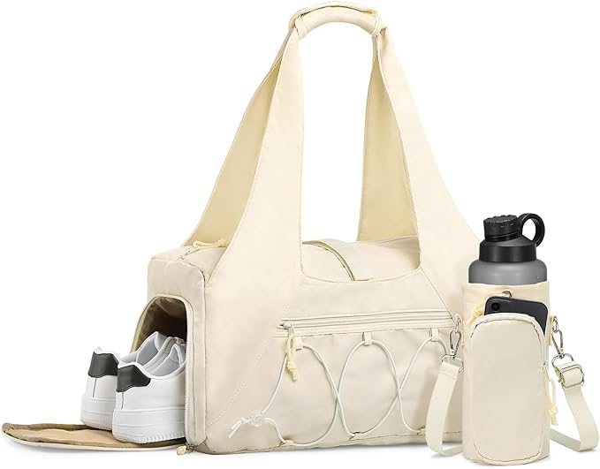Small Gym Bag for Women, Mini Duffel Bag with Shoe Compartment, Cute Sports Tote Bag Dance Yoga Mat Luggage with Crossbody Water Bottle Bag, Beige