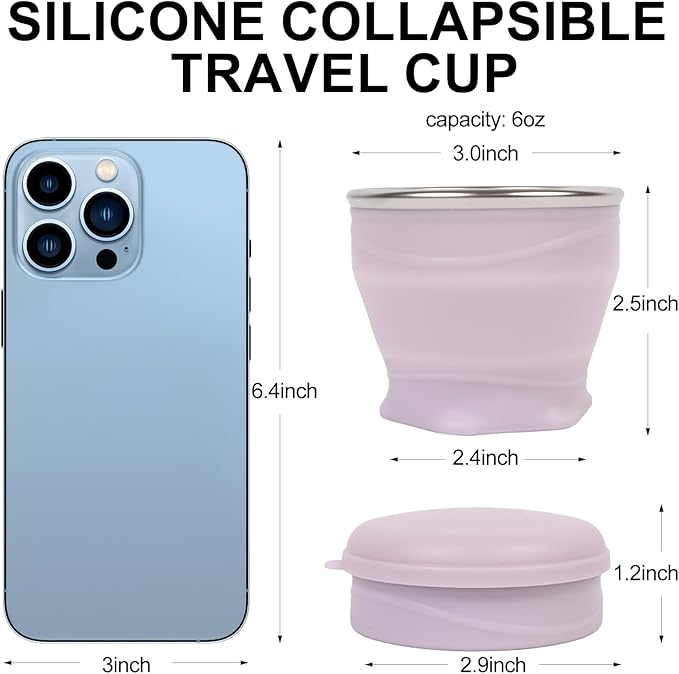 Collapsible Travel Cup with Lid (6oz/180ml) - BPA Free Silicone Folding Cup with Stainless Steel Rim - Portable Pocket Size Drinking Cup for Mouthwash,Pills, Hiking, Camping & Kids(Purple)