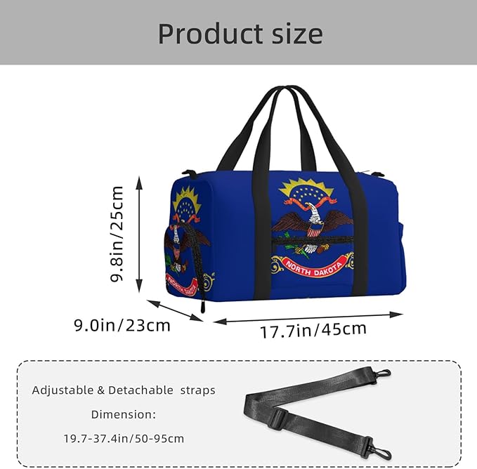 North Dakota State Flag Print Gym Bag with Shoe Compartment for Women Men, 17.7in Sports Duffle Weekender Tote, Overnight Travel Duffel Bag Carry On