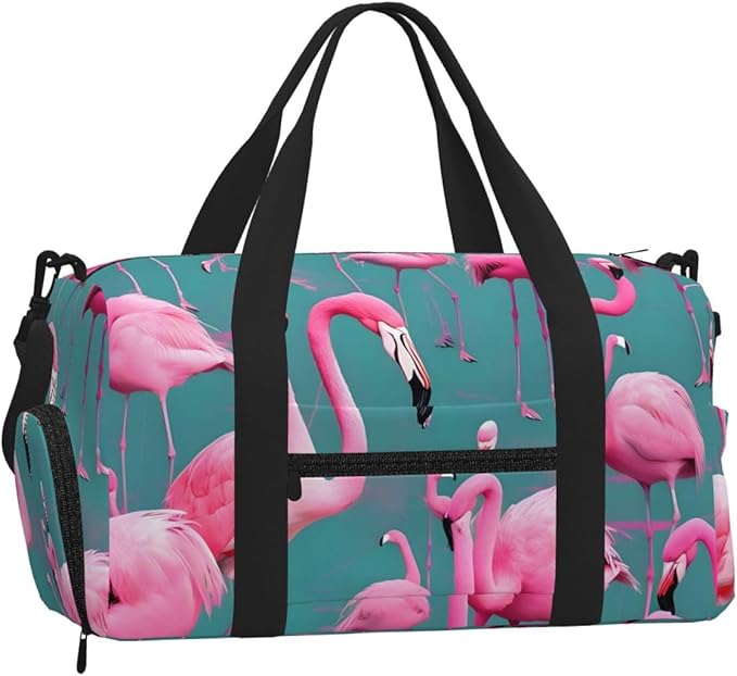A flock of flamingos Print Gym Bag with Shoe Compartment for Women Men, 17.7in Sports Duffle Weekender Tote, Overnight Travel Duffel Bag Carry On