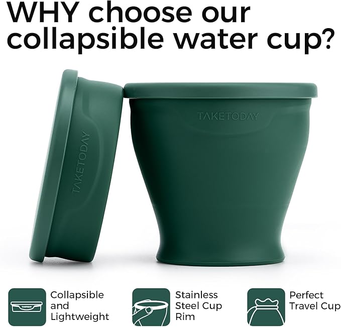 TakeToday Collapsible Travel Cup 8 oz - Silicone Foldable Water Cup, BPA-Free with Lid & Waterproof Bag - Drinking Cup Set for Camping, Outdoors & International Travel（Dark Green）