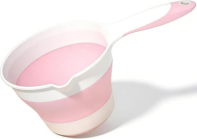 Premium Silicone Bath Rinse Cup & Water Pourer - Large Capacity Pink and White Bath Cup for Rinsing Hair, Shower Hair Washing Mug, Pet Bathing, and Travel