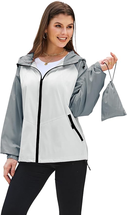 PITINAN Lightweight Rain Jacket Women Packable Wind Breaker Light Rain Jacket Women Waterproof Travel Raincoat S-XXL