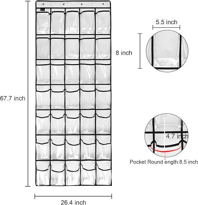 1 Pack 35 Clear Crystal Pockets Large Hanging Shoe Organizer Over The Door Shoe Rack for Closet Door Storage Shoe Holder Hanger, 4Hooks, white (67.7'' x 26.4'')