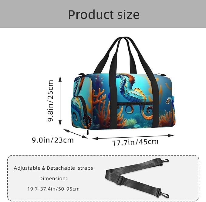 Seabed coral seahorse Print Gym Bag with Shoe Compartment for Women Men, 17.7in Sports Duffle Weekender Tote, Overnight Travel Duffel Bag Carry On
