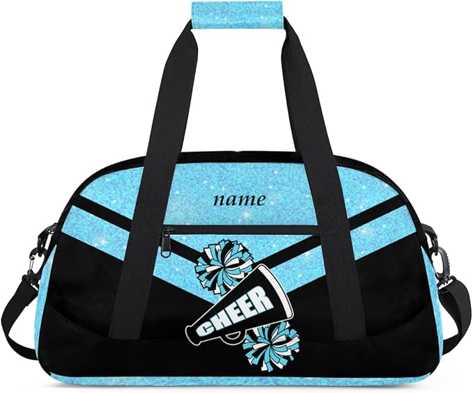 Custom Name Black Blue Cheerleading Gym Travel Duffle Bag with Front Zipper Pocket Personalizedfor Sports Bag for Overnight, Weekender, Carry On,Workout & Dance, 18.9 * 8.7 * 10.6 in