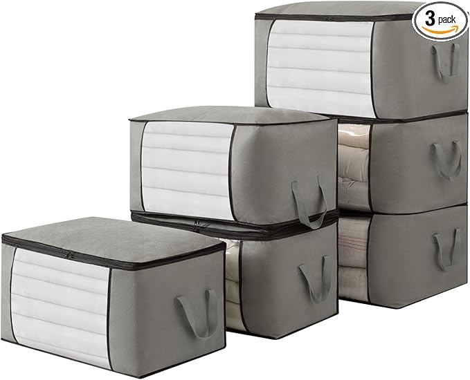 Large Storage Bags,Clothes Storage Bins Foldable Closet Organizers Storage Containers with Durable Handles Thick Fabric for Blanket Comforter Clothing Bedding (grey, 90L(3Pick))
