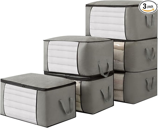 Large Storage Bags,Clothes Storage Bins Foldable Closet Organizers Storage Containers with Durable Handles Thick Fabric for Blanket Comforter Clothing Bedding (grey, 60L (3Pick)