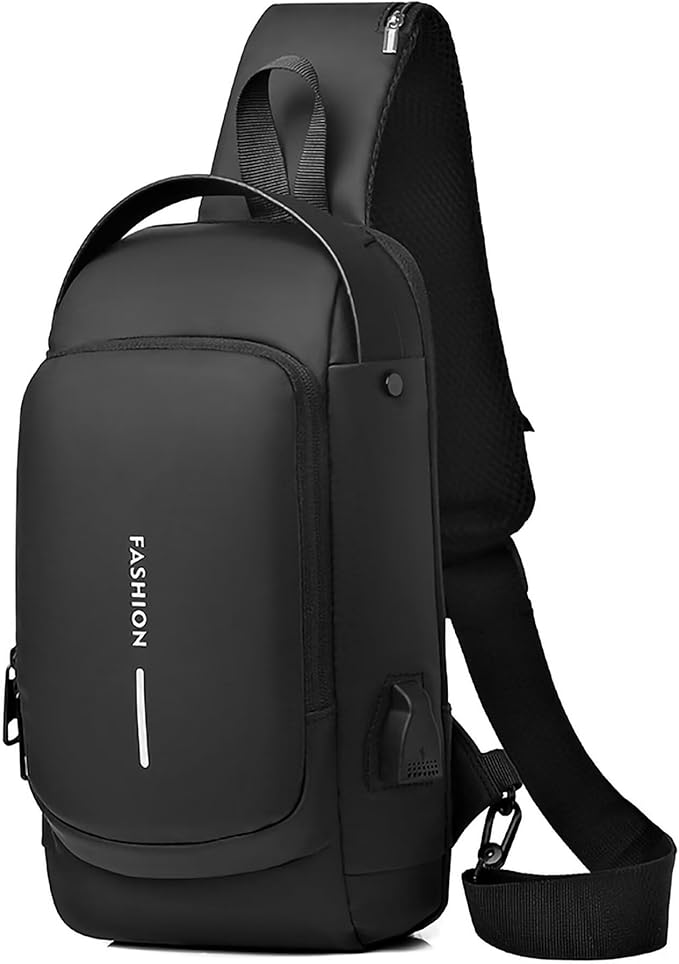 Sling Bag for Men Women, Black Anti-theft Crossbody Bags with USB Charging Port Waterproof Crossbody Sling Backpack Shoulder Bag for Hiking Cycling Running Travel