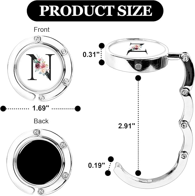 XSUIOY 3Pcs Personalized Initial Foldable Purse Hook for Table,Crushed Flower Letters Folding Purse Hanger,Purse Holder Handbag Hanger Collection Desk Table Bag Hooks Gifts for Women Bag(Black-N)