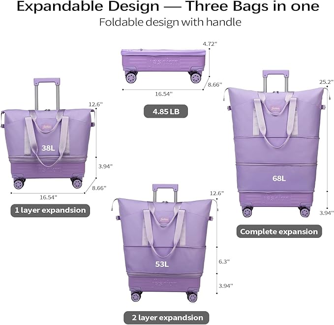 Rolling Duffle Bag with Wheels and Handle, Expandable Foldable Travel Bag - Wheeled Carry On Luggage, Collapsible Suitcase for Weekend Trips, Gym, Large Capacity & Waterproof (Purple)