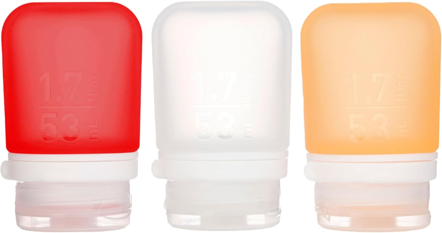 humangear GoToob+ 3-Pack (Small) | Refillable Silicone Travel Bottle | Locking Lid | Food-Safe Material, Clear/Red/Orange, Small (1.7 fl.oz; 53ml)