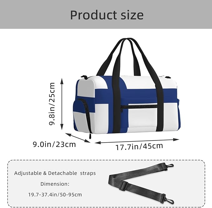Finnish flag Print Gym Bag with Shoe Compartment for Women Men, 17.7in Sports Duffle Weekender Tote, Overnight Travel Duffel Bag Carry On