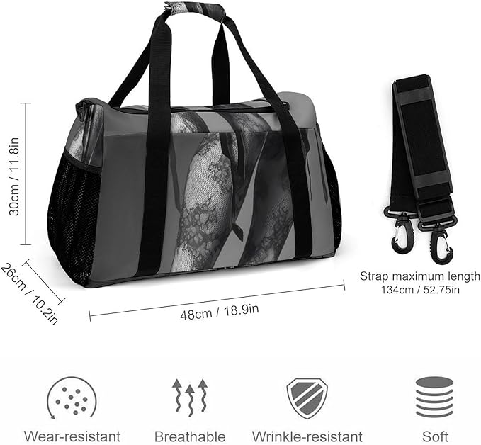 High Heels Black Lace Stockings Duffle Bag Gym Bag for Workout Travel Tote with Detachable Straps