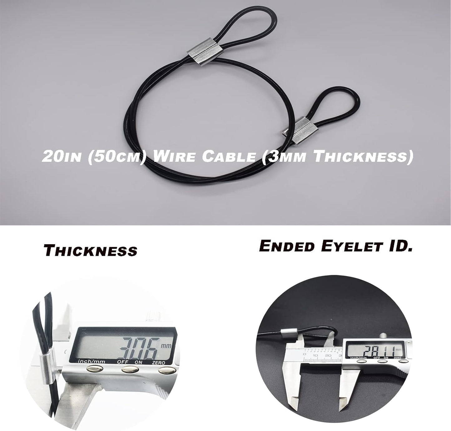 10 pcs 20 inch (50cm) 3mm Thickness Stainless Steel Wire Cable with Loops Vinyl Cover Coated Short Rope Lanyard Lock Safety Tether Chains, Black