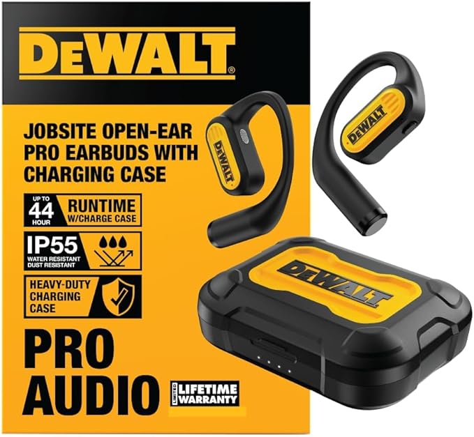 DEWALT Heavy Duty Open Ear Headphones, Bluetooth 5.3 Wireless Earbuds IP55, 44Hrs Runtime, Jobsite Premium Sound True Wireless Air Conduction Open Ear Earbuds with Earhooks for Worksites and Workouts
