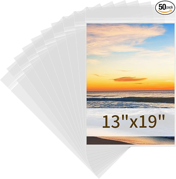 50 Pack Clear Plastic Bags 13x19 - Acid Free 1.57 mil (Single Side) Thick Heavy Duty Newspaper Protector Sleeves Self Adhesive Poster Protector Clear Plastic Sleeves for Paper 13x19 Photo Paper