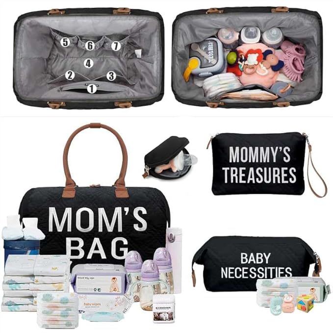 printe Mommy Diaper Bag Tote with 2 Organizers, Large Mom‘s Bag for Hospital & Travel Baby Diaper for Baby Care (Quilted Embroidery-Black)