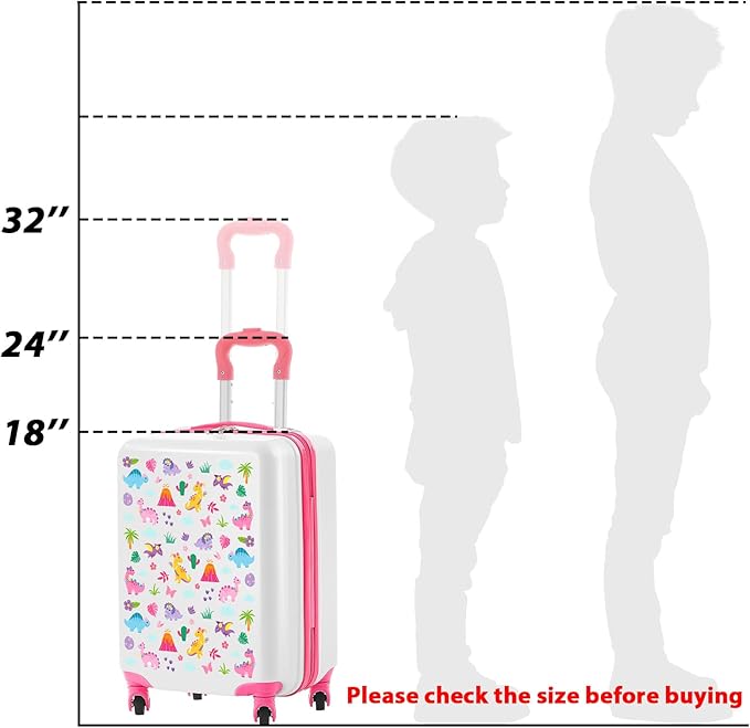 Redbaker 17 Inch 6 Pcs Kids Luggage Set Kids Rolling Luggage Double Pattern Suitcase for Boys Girls (Pale Pink, Dinosaur Style)