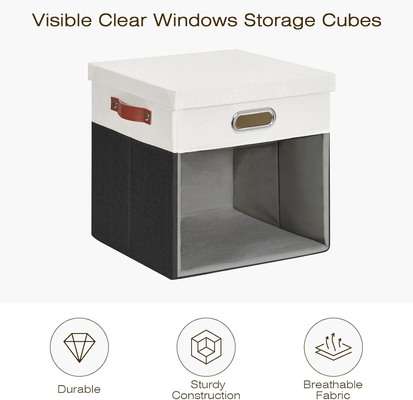 Fabric Storage Cubes with Clear Windows and Lids 11'' Foldable Storage Bins with 3 Handles, Decorative Storage Boxes for Home, Bedroom, Closet, Office (Balck & White)